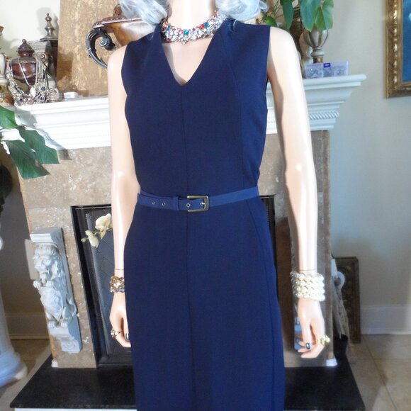 New Akris Navy Blue Wool-Blend V-Neck Sheath Dress Size US 10 - Picture 9 of 16
